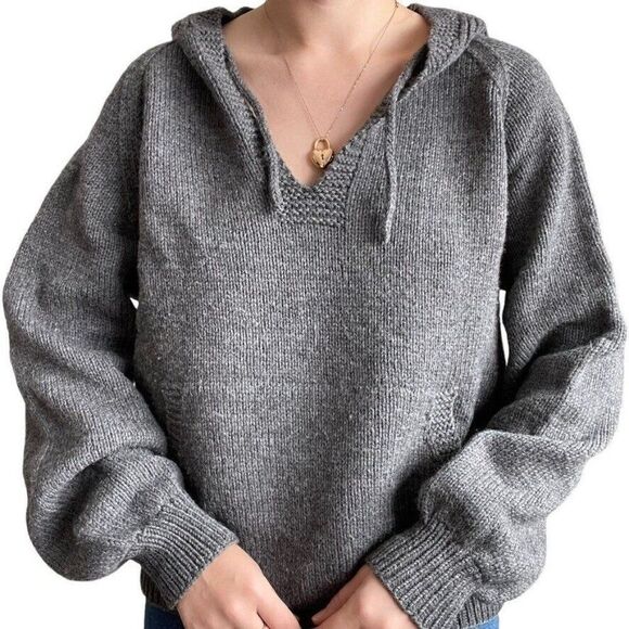 Hand Knit Unisex Grey Hooded Oversized Sweatshirt Hippie Hoodie Sz L - Picture 5 of 8